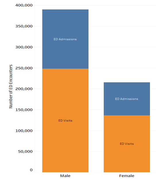 Bar graph showing number of emergency department visits and admissions based on sex