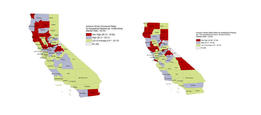 Map of california showing the different counties variation in occurrence and death rates for hospitalized ischemic stroke patients.